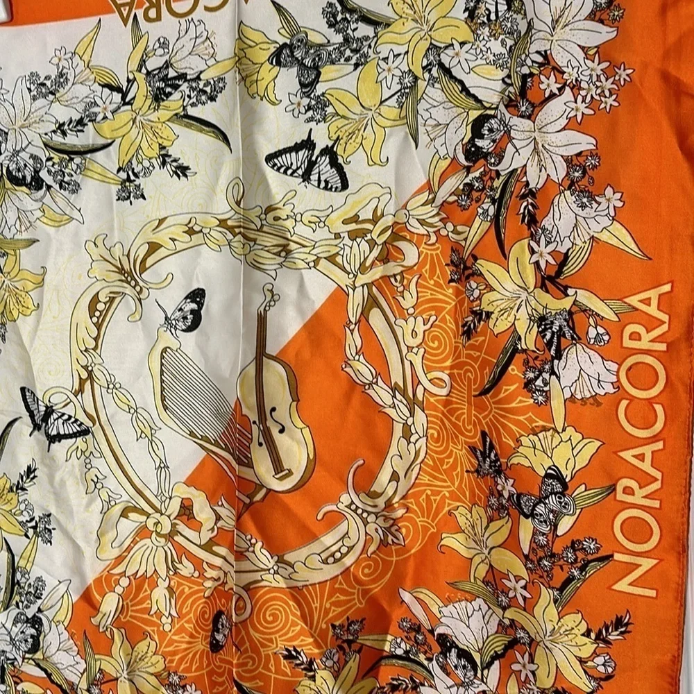 Vintage NORACORA Violin, Butterflies Print Orange Silk Square Scarf, 21